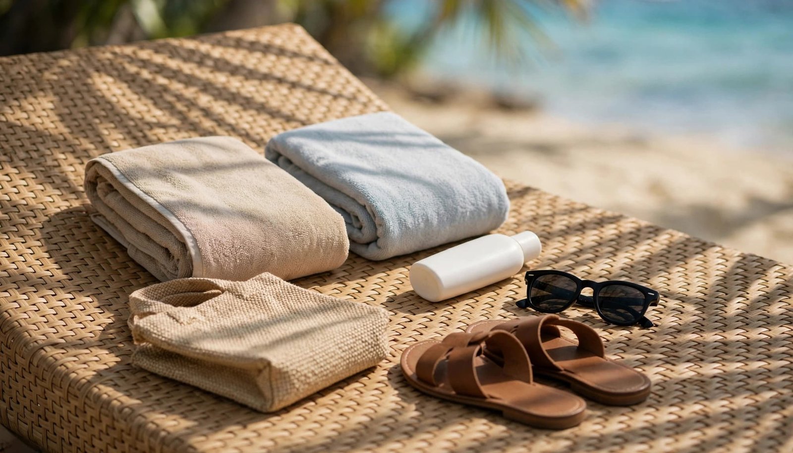 Beach essentials like towels, sandals, sunglasses, and sunscreen arranged on a woven lounger.