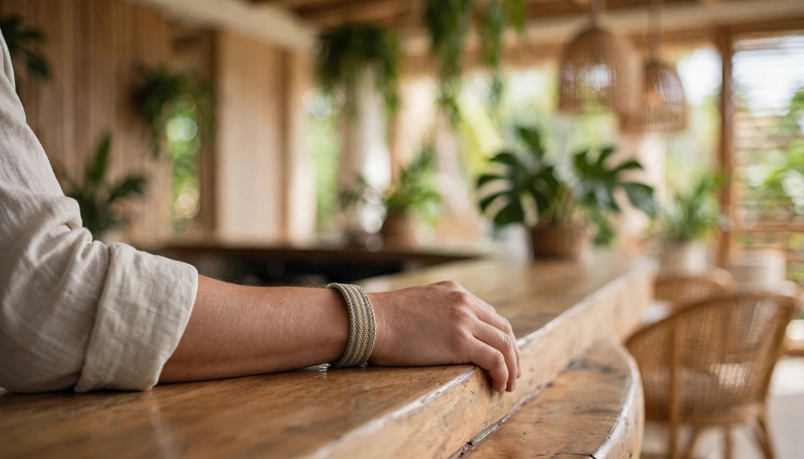 A person's arm rests on a wooden counter with a woven resort band on the wrist.