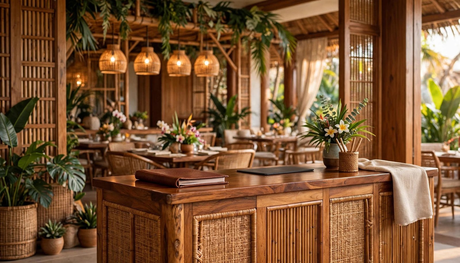 A wooden resort dining host stand with a closed book, tablet, and flowers in a warm interior.