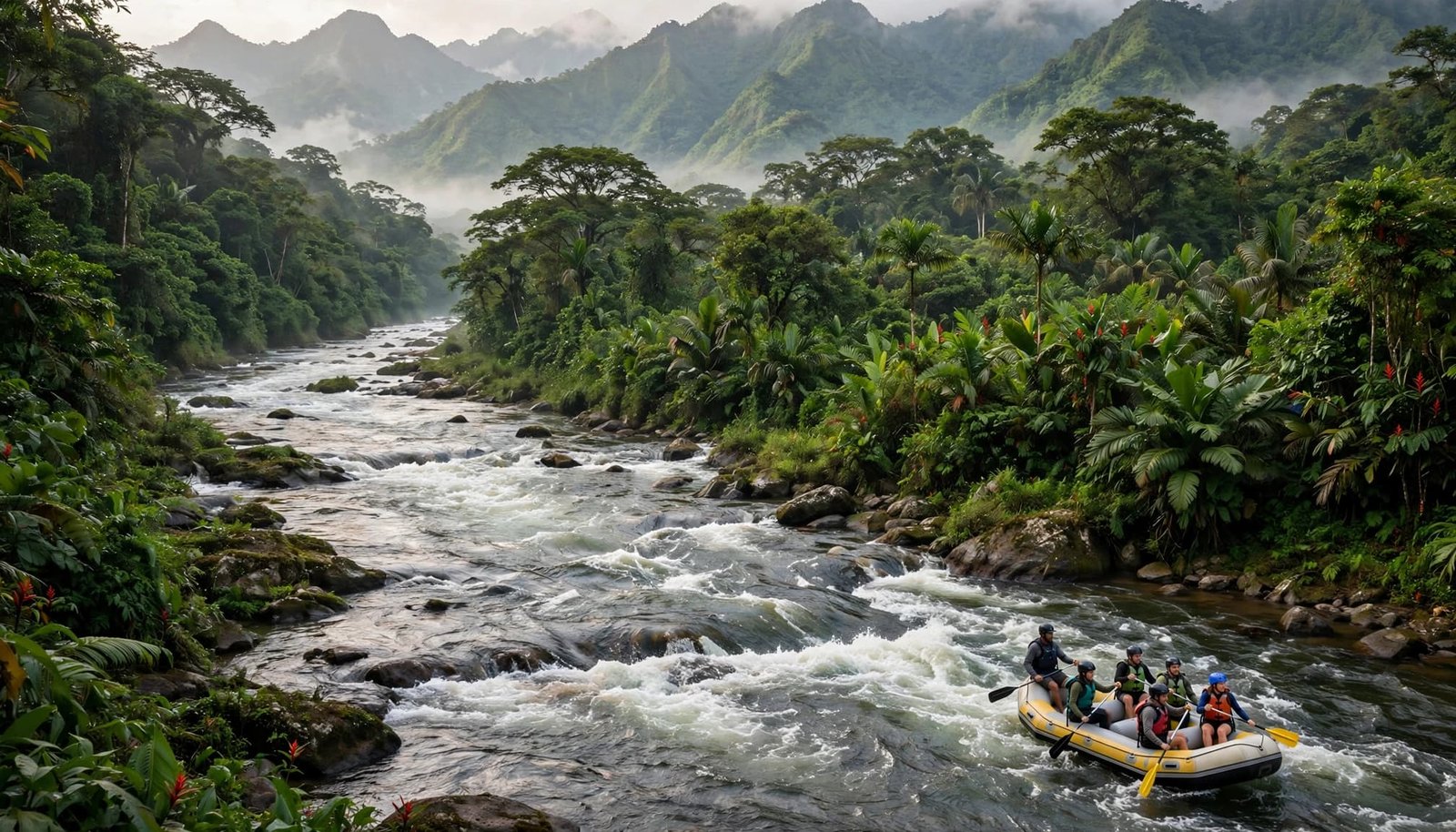 A whitewater raft with five people navigates a rushing tropical river through a lush rainforest and mountains.