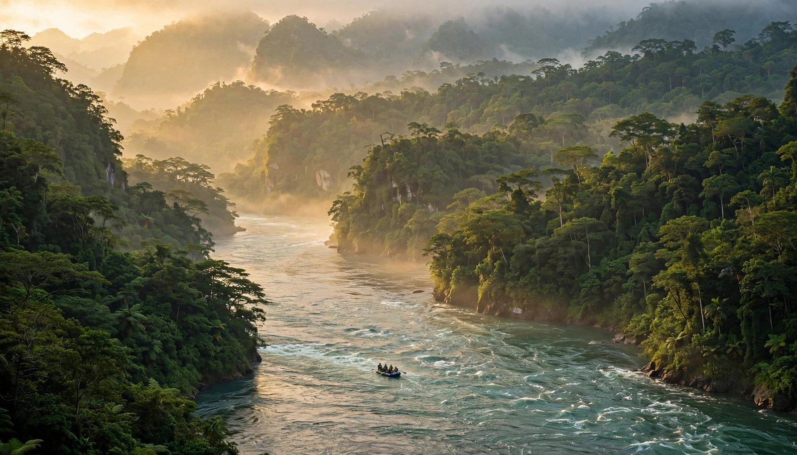 A wide tropical river flows through a lush, misty rainforest with a small raft of paddlers.